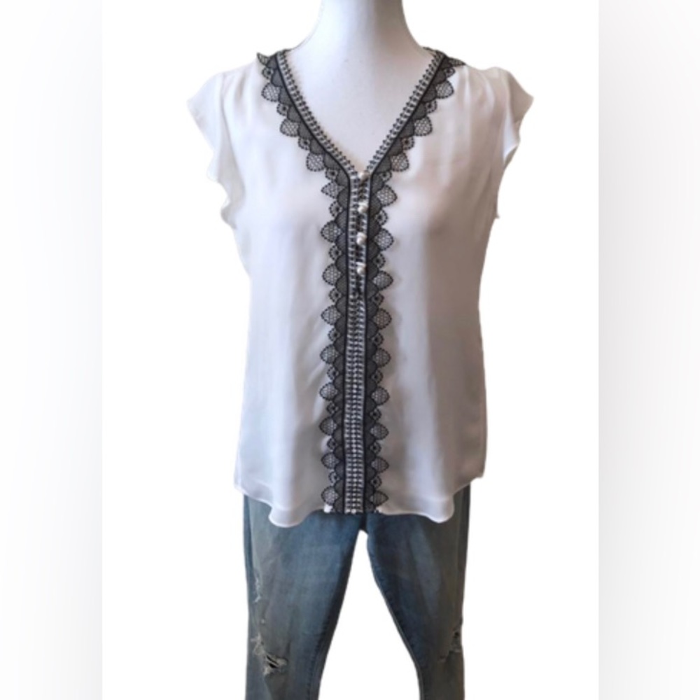 WHBM White Blouse with Black Lace Trim Size 4